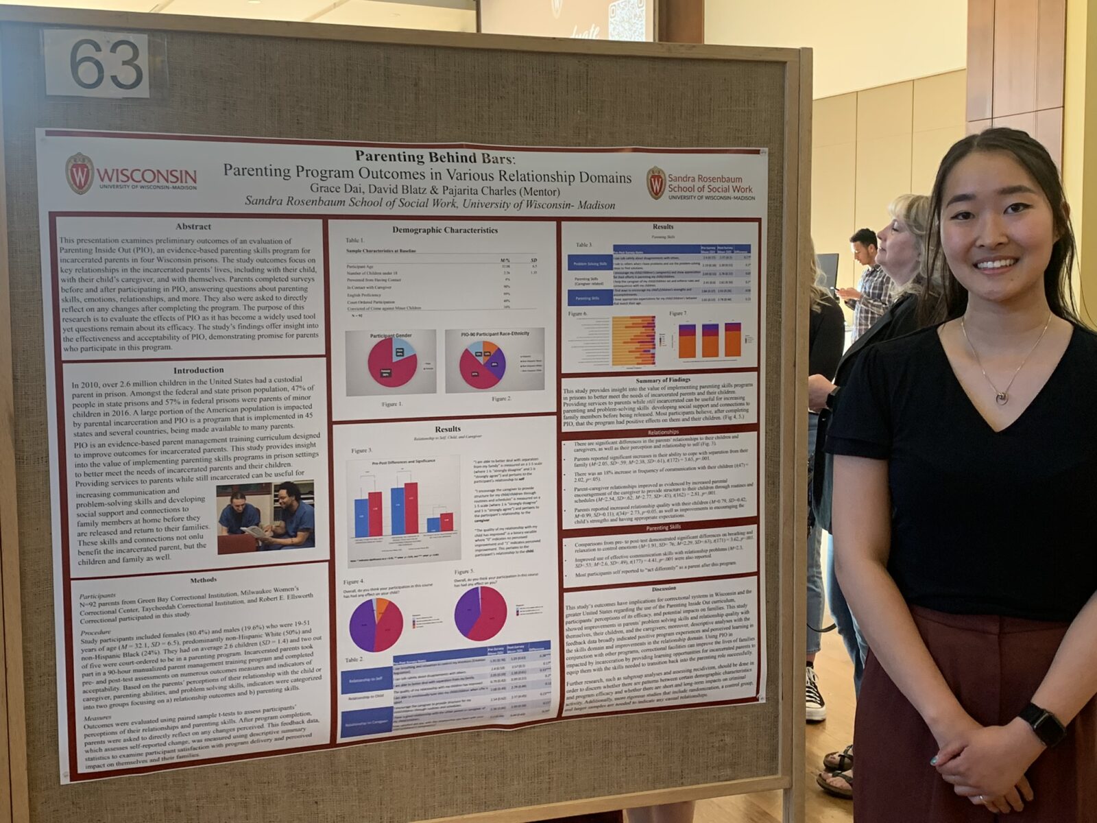 A presenter standing next to a research poster titled Parenting Behind Bars: Parenting Program Outcomes in Various Relationship Domains at a University of Wisconsin-Madison event.